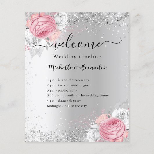 Programme de mariage aux fleurs roses argentées (Devant)