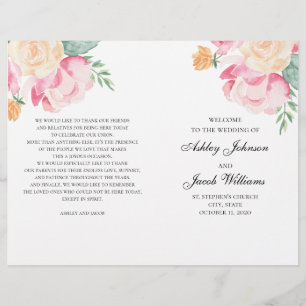 Programme de mariage aux fleurs roses et pêche pli