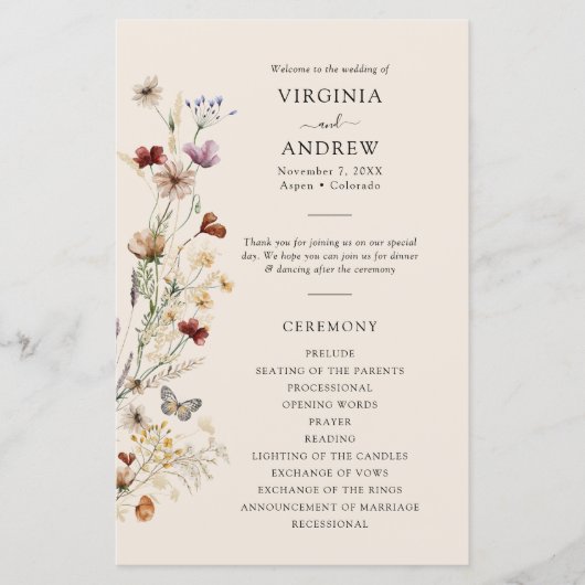 Programme de mariage aux fleurs sauvages Boho (Devant)