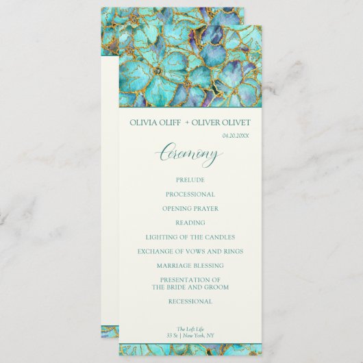 Programme de mariage aux fleurs turquoises (Devant / Derrière)