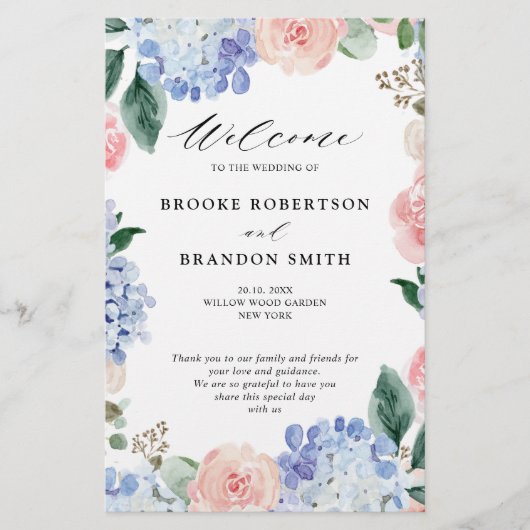 Programme de mariage aux hortensias rose pastel et (Devant)