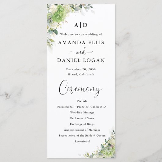 Programme de Mariage aux Hortensias Verts (Devant)