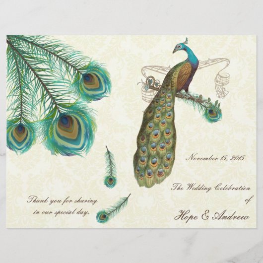 Programme de mariage aux plumes de paon sur damas (Devant)