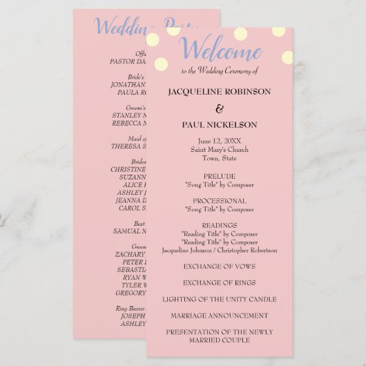 Programme de mariage aux pois bleus et roses crème (Devant / Derrière)