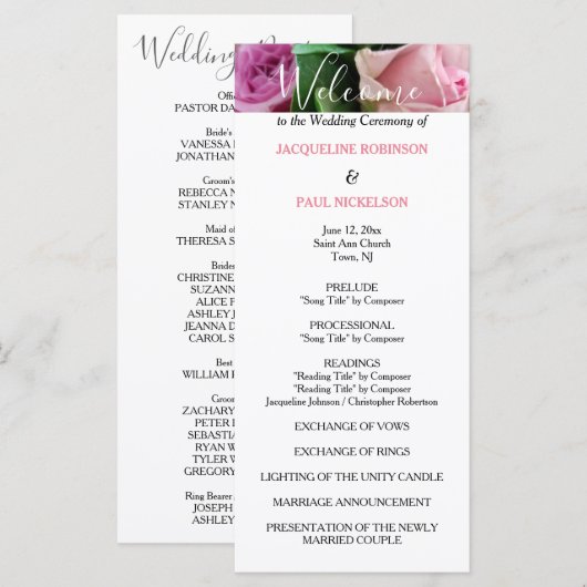 Programme de mariage aux roses roses (Devant / Derrière)