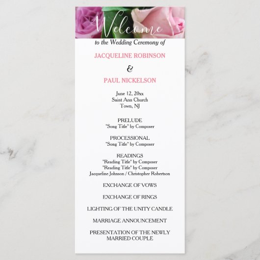 Programme de mariage aux roses roses (Devant)