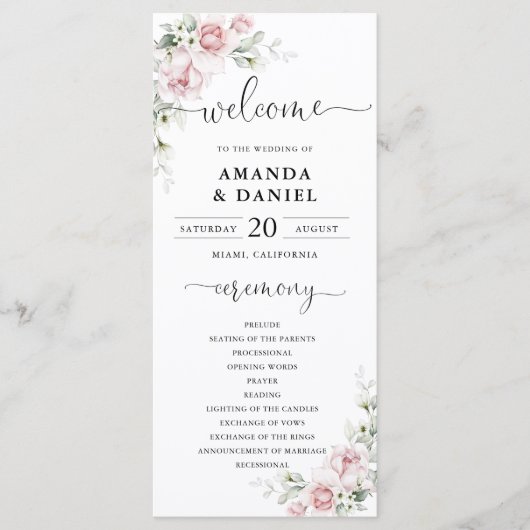 Programme de mariage aux roses roses blush (Devant)