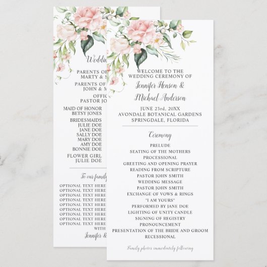 Programme de mariage aux roses roses eucalyptus et (Devant / Derrière)