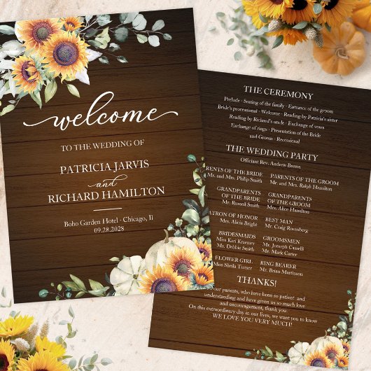 Programme de mariage aux tournesols et citrouilles