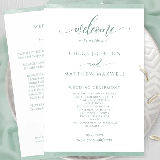 Programme de mariage avec cadre aquarelle vert pâl
