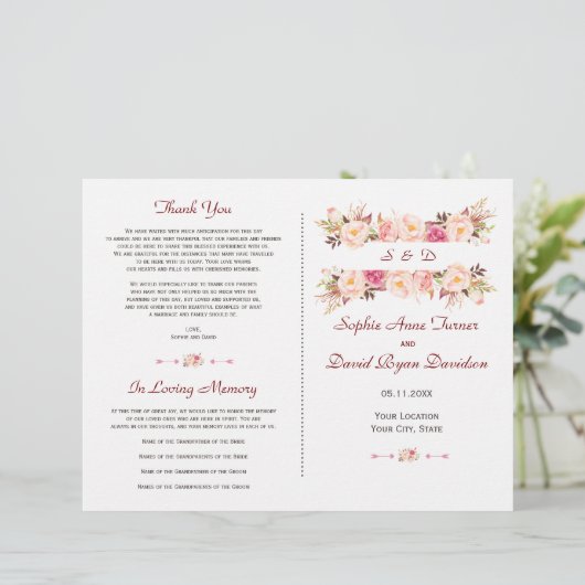 Programme de mariage avec des fleurs rousses roses (Debout devant)