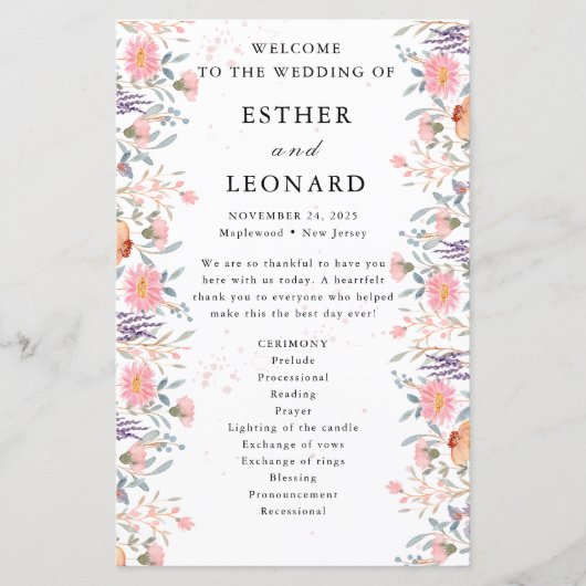 Programme de mariage avec des fleurs sauvages prin (Devant)