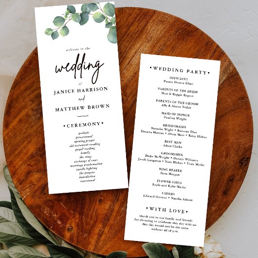 Programme de mariage avec feuillage d'eucalyptus r