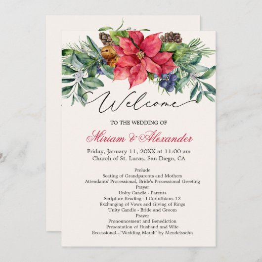 Programme de mariage avec feuillage et poinsettia (Devant / Derrière)