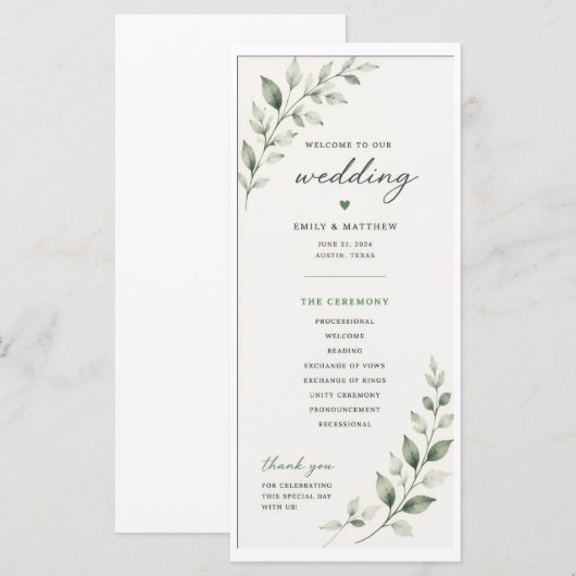 Programme de mariage avec feuilles (Devant / Derrière)