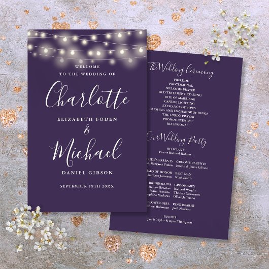 Programme de mariage avec guirlandes violettes