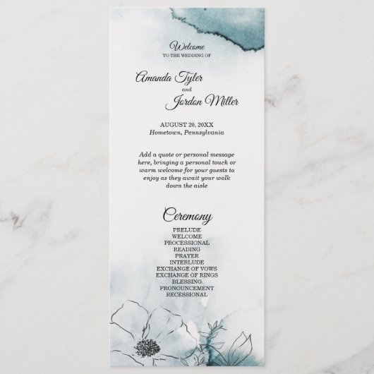 Programme de mariage avec l'aquarelle turquoise (Devant)