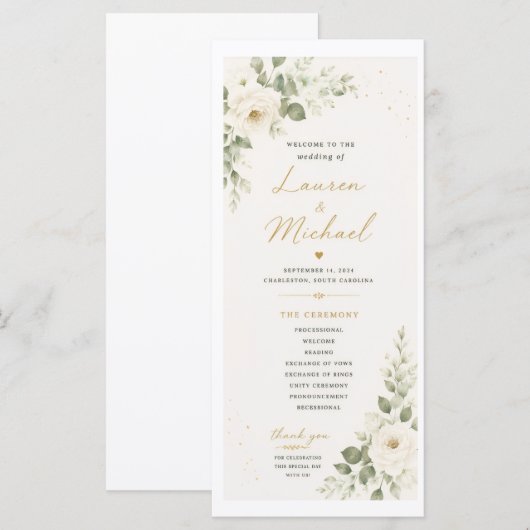 Programme de mariage avec roses blanches (Devant / Derrière)