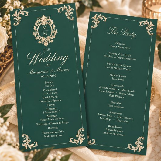 Programme de mariage baroque vert émeraude