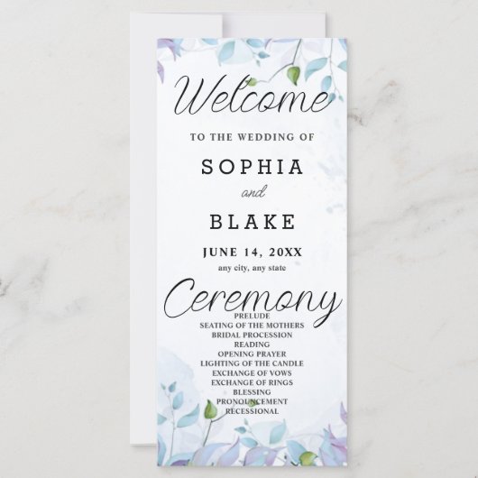 Programme de mariage blanc aux feuilles bleues et (Devant)