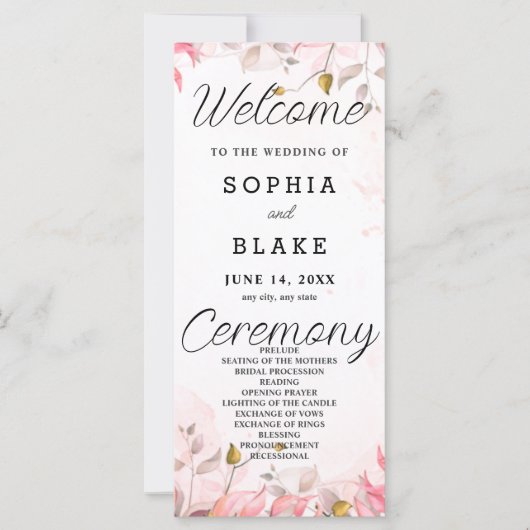 Programme de mariage blanc aux feuilles roses et v (Devant)