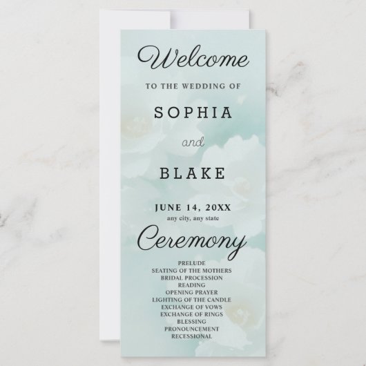 Programme de mariage blanc floral et vert clair (Devant)
