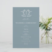 Programme de mariage bleu à monogramme floral blas (Debout devant)