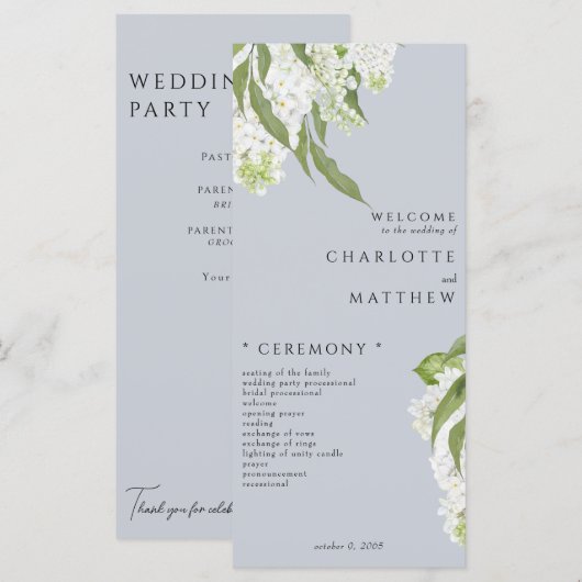 Programme de mariage bleu blanc Hydrangea Dusty (Devant / Derrière)