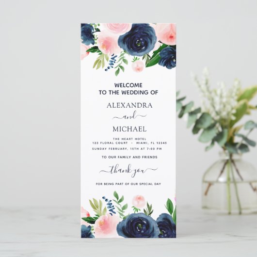 Programme de mariage bleu bleu rose floral (Debout devant)