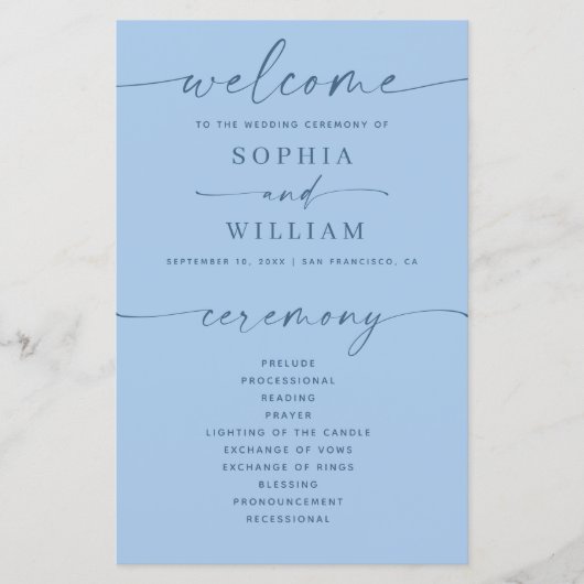 Programme de mariage bleu ciel pastel | Cérémonie (Devant)