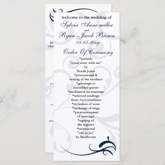 programme de mariage bleu et blanc Carte rack (Devant / Derrière)