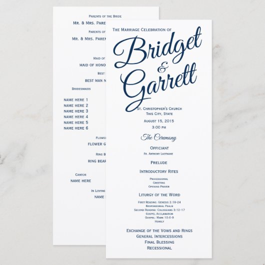 Programme de mariage bleu et blanc de la Marine (Devant / Derrière)