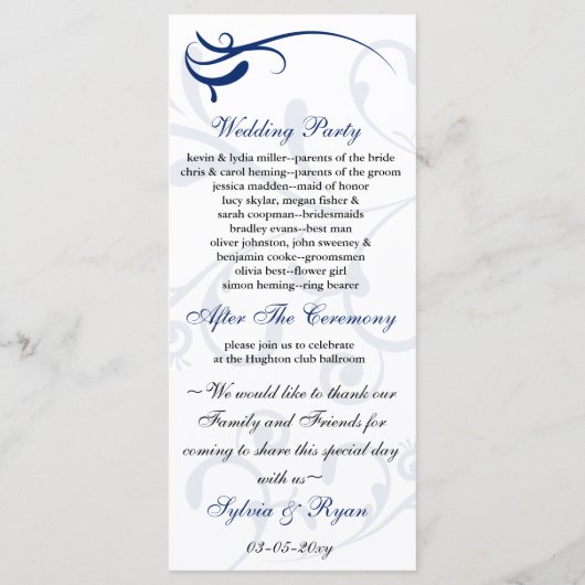 programme de mariage bleu et blanc royal Carte Rac (Dos)