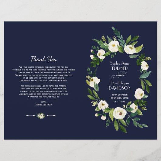 Programme de mariage bleu foncé floral blanc aquar (Devant)
