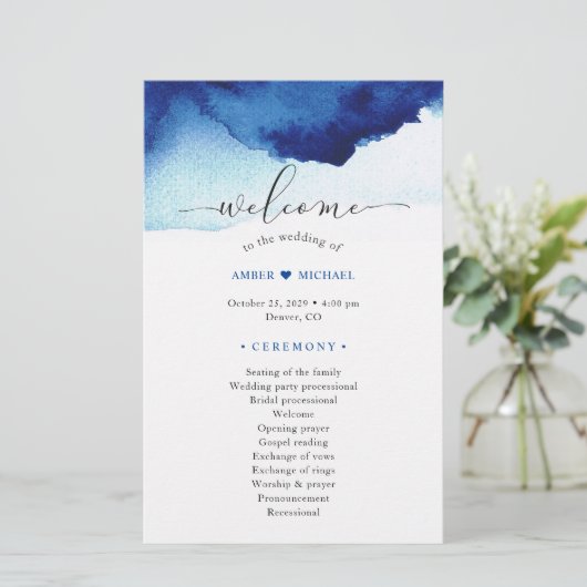 Programme de mariage bleu Indigo Aquarelle moderne (Debout devant)