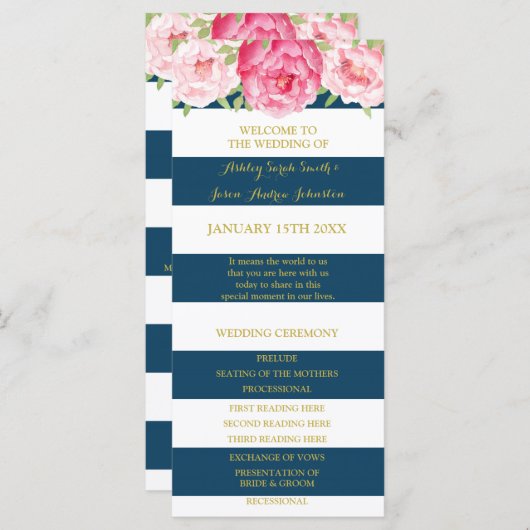 Programme de mariage bleu marine avec aquarelle ro (Devant / Derrière)