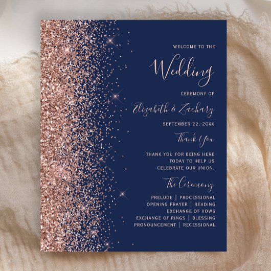 Programme de mariage bleu marine paillettes or ros