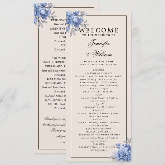 Programme de mariage bleu poussiéreux floral rusti (Devant / Derrière)