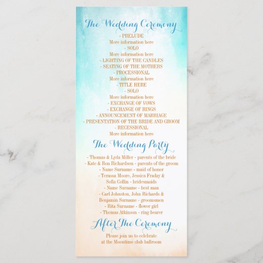 programme de mariage bleu sur la plage (Dos)