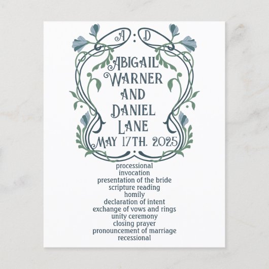 Programme de mariage bleu-vert Art nouveau (Devant)
