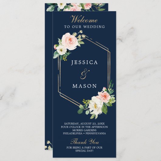 Programme de mariage Blue Gold Blush de la Marine (Devant / Derrière)