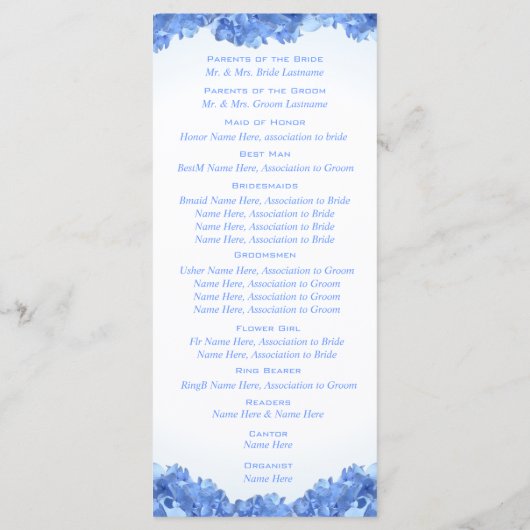 Programme de mariage Blue Hydrangea (Dos)