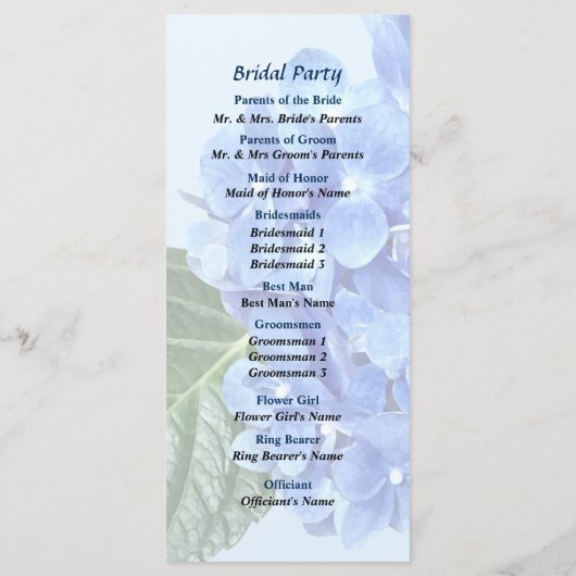 Programme de mariage Blue Hydrangea (Dos)