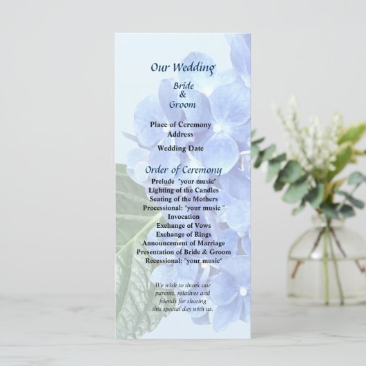 Programme de mariage Blue Hydrangea (Debout devant)