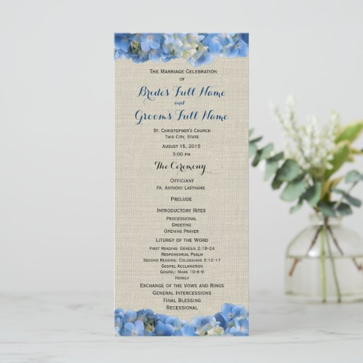 Programme de mariage Blue Hydrangea et Burlap (Debout devant)