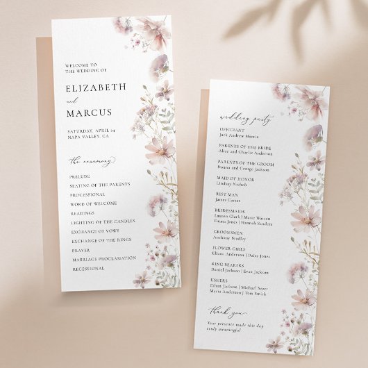 Programme de mariage bohème à fleurs sauvages rose