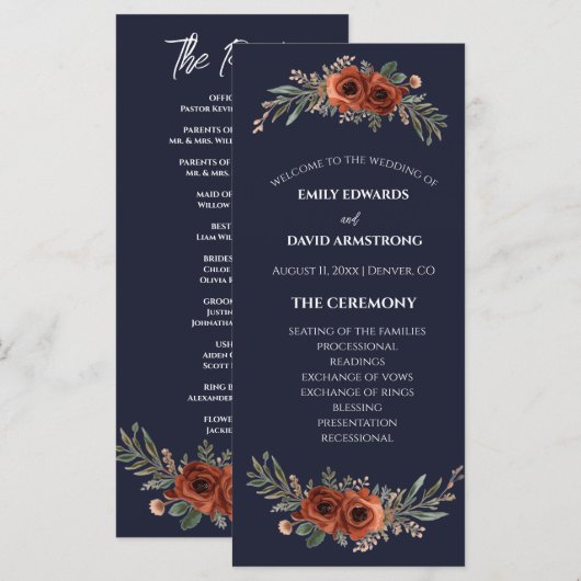 Programme de mariage bohème floral en terre cuite (Devant / Derrière)