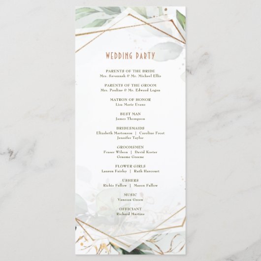Programme de mariage Boho géométrique vert et or (Dos)