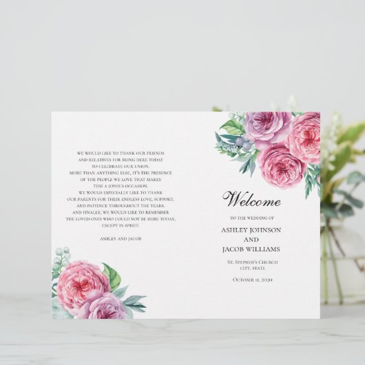 Programme de mariage Boho plié. Fleurs roses d'été (Debout devant)