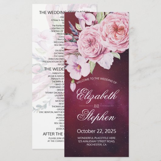 Programme de mariage Boho Plumes florales Bourgogn (Devant / Derrière)